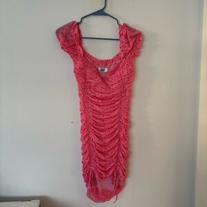 tiger mist hot pink & red floral puff sleeve ruched tight bodycon mini dress💕